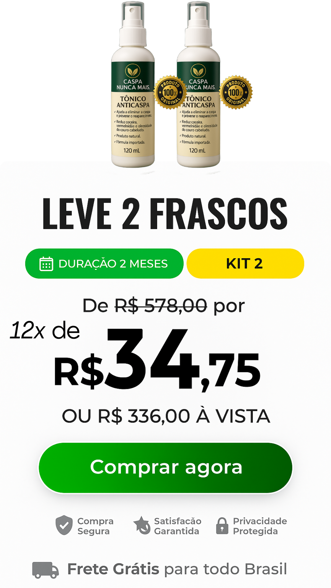 ANTICASPA - TONICO CASPA NUNCA MAIS - KIT 2- CASPANUNCAMAIS.COM