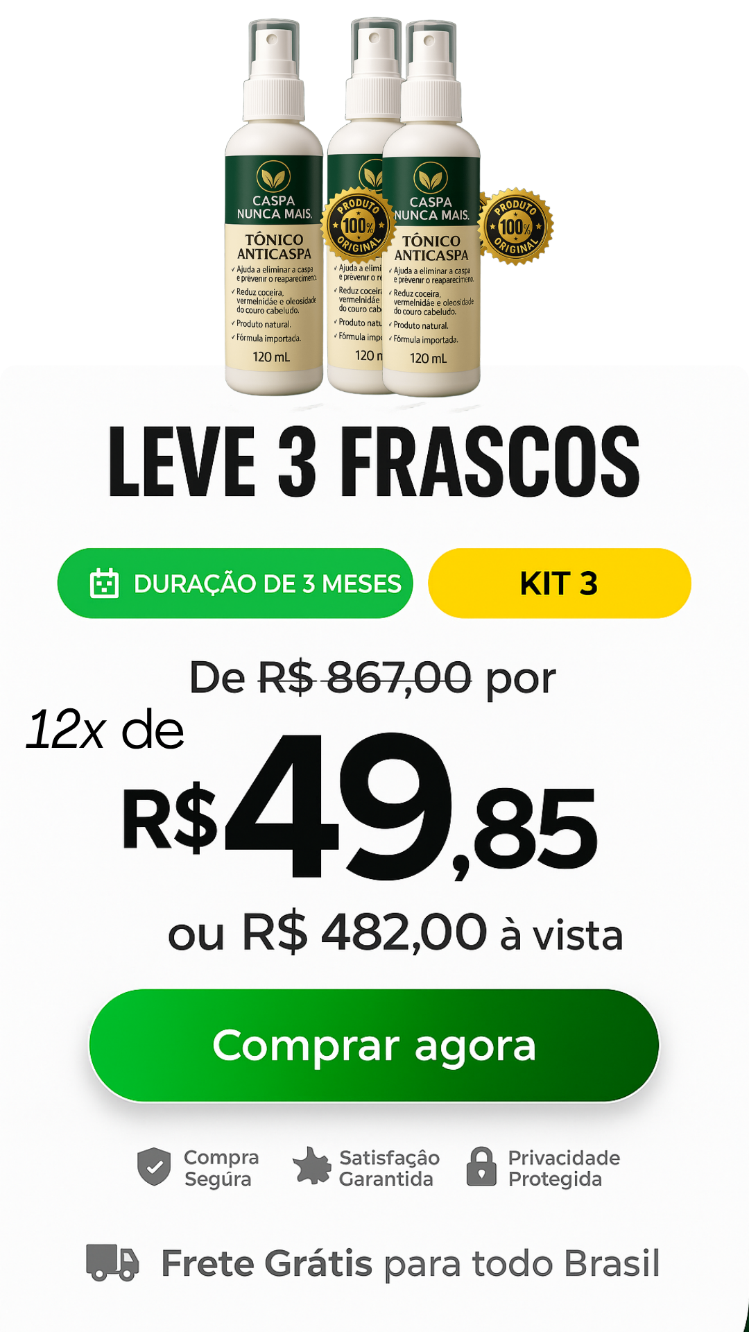 ANTICASPA - TONICO CASPA NUNCA MAIS - KIT 3- CASPANUNCAMAIS.COM